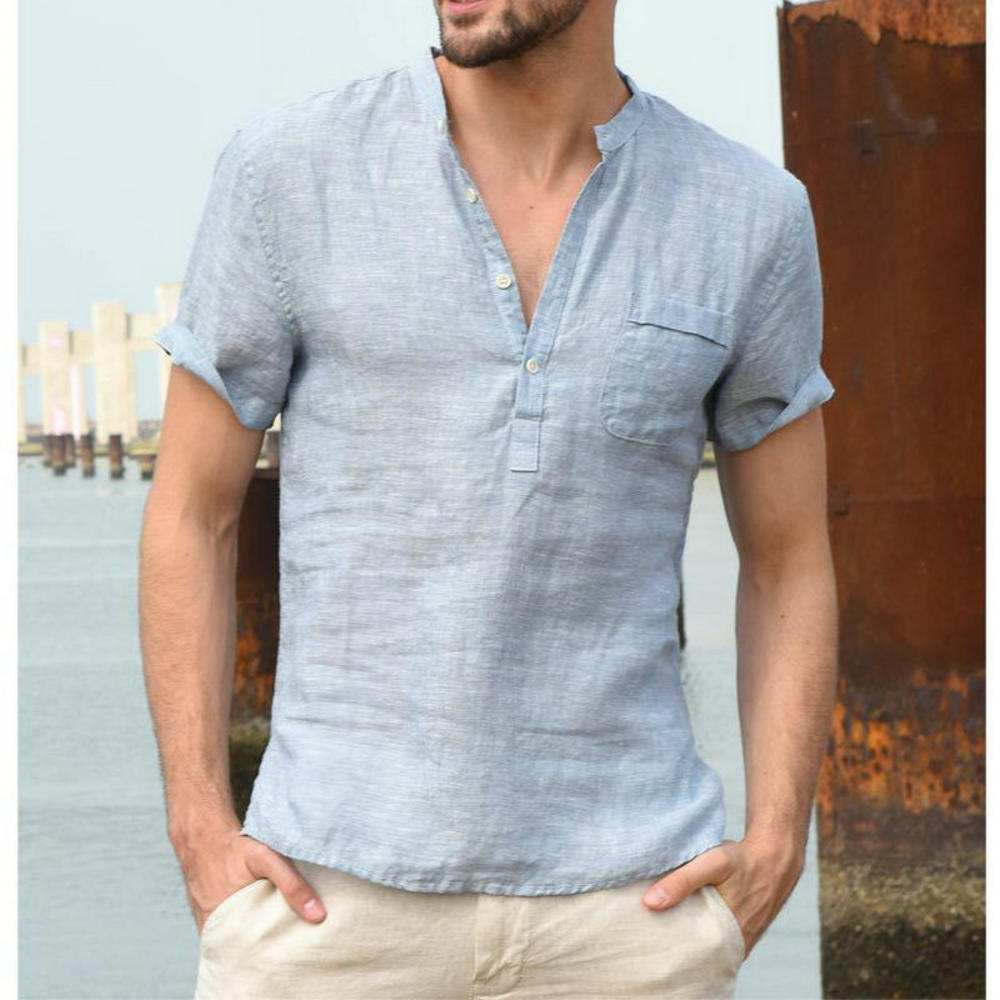 Einfarbig Herren Casual Baumwolle Leinen Shirts-Stehkragen, Frühling - Herbst Shirts mit langen Ärmel