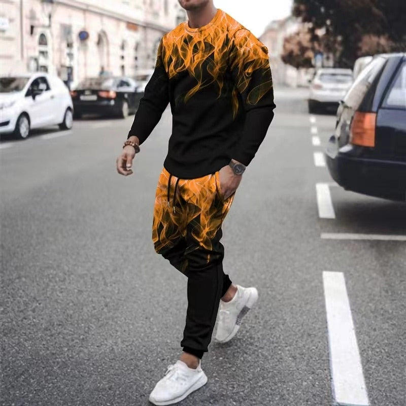 Herren langarm T-Shirt mit Flamme Muster, Sommertrend mit langer Hose