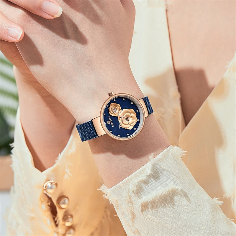 Luxus Marke NAVIFORCE Damenuhr, Mode Kreative 3D Rose wasserdichte Business armbanduhren