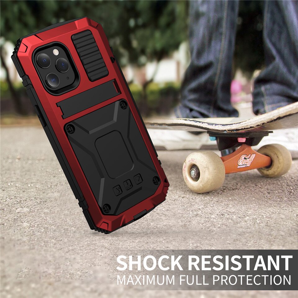 Ständer-Telefonhülle für iPhone 12 Pro Max, Mini XS, Max XR, staubdicht, stoßfest, gehärtetes Glas, Metallabdeckung für iPhone 11 Pro Max