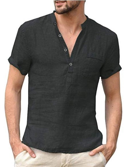 Einfarbig Herren Casual Baumwolle Leinen Shirts-Stehkragen, Frühling - Herbst Shirts mit langen Ärmel