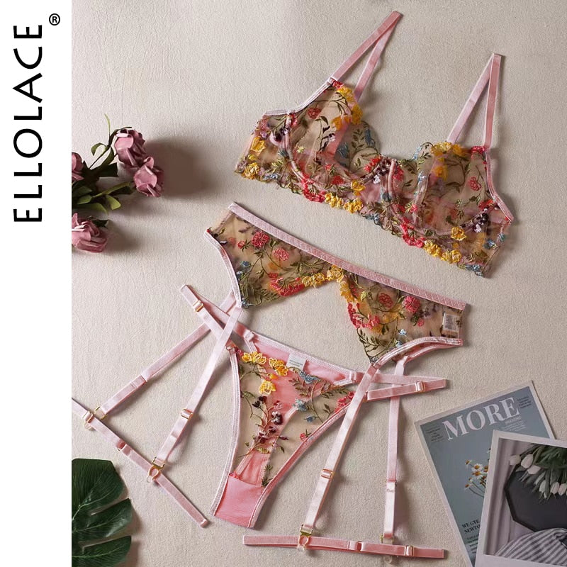 Ellolace Dessous, sinnliche Spitzenunterwäsche, transparente Stickerei, 3-teilige Strumpfbänder