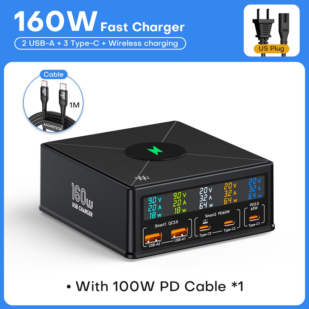 160W 5Port Ladestation USB-C PD65W QC3.0 Schnellladegerät mit separatem Display, 15W kabelloses Ladegerät für iPhone & Smartphone
