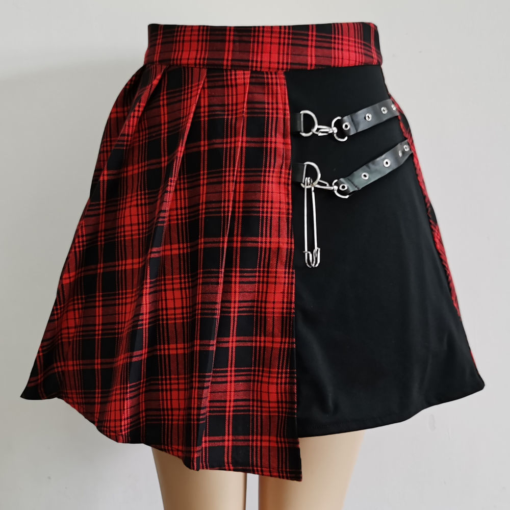 All Match Kurzer Rock, modisch, Tartan-Rot, Skarierter Rock mit seitlichen Knöpfen, lässiger Minirock für Damen