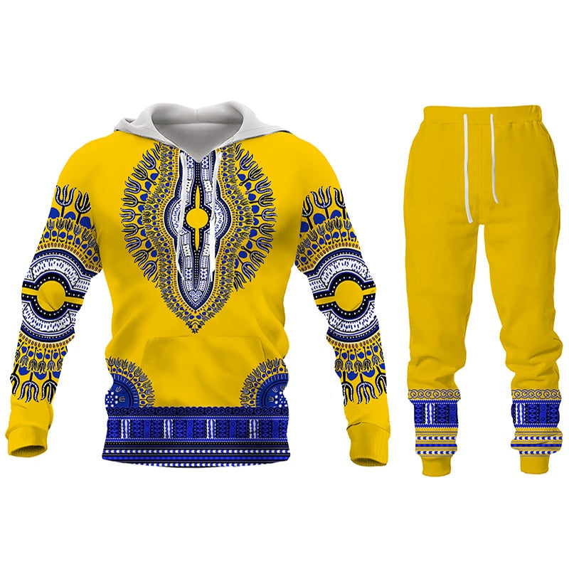 Herren 3D Druck Folk Hoodies Hosen, 2 Stück Sets Herren Freizeitanzug, Langarm Ethnischen Stil Afrikanische Kleidung