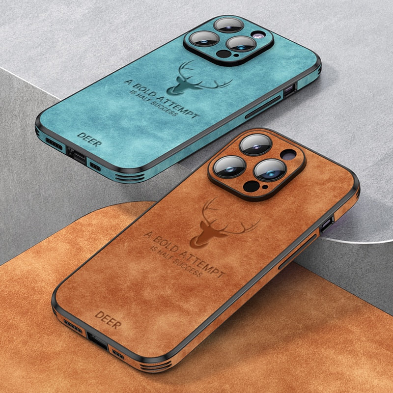 Luxus Hirsch Leder Telefon Fall Für iPhone 14, 13, 12 Pro Max Objektivglas Stoßfest Silikon Handy Abdeckung