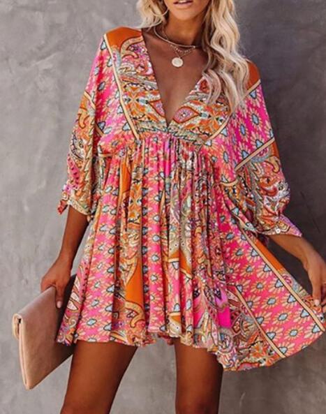 Tribal-Print-Sommerkleid mit V-Ausschnitt, Laternenärmel, Swing-Partykleid, hohe Taille