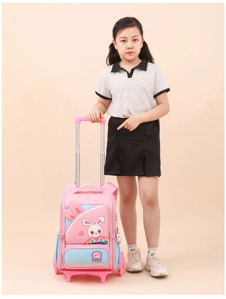Children's Fashion Cartoon School Bags with 6 Wheels Trolley Backpack Teenagers Girls Rolling Backpack Students Kids Backpack