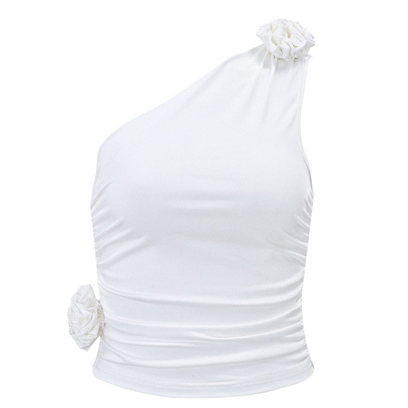 Halter Schulter Tank Tops für Frauen, Sommer Sexy Ärmellose 3D Rosette Geraffte Tops, Elastische Baumwolle Weste Crop Tops