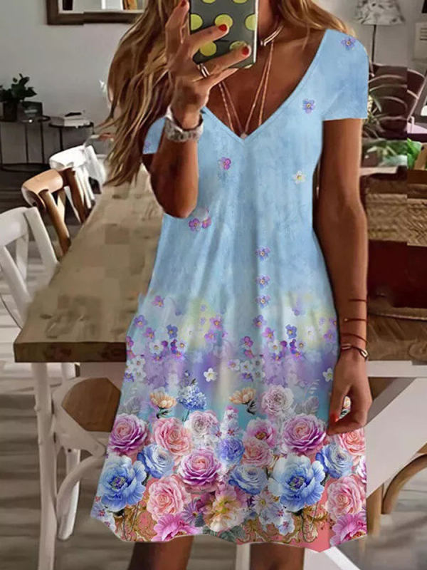 2023 Sommer Damen Mini Kleid mit V-ausschnitt, Kurzarm Kleid mit Sexy Blumen Druck
