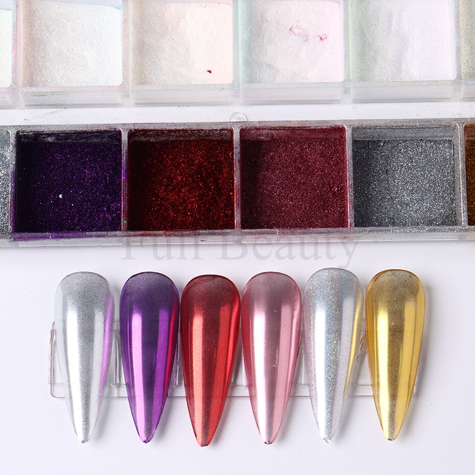 12 Gitter Perlweiß Chrom Nagel, Pigment UV Gel Nagellack