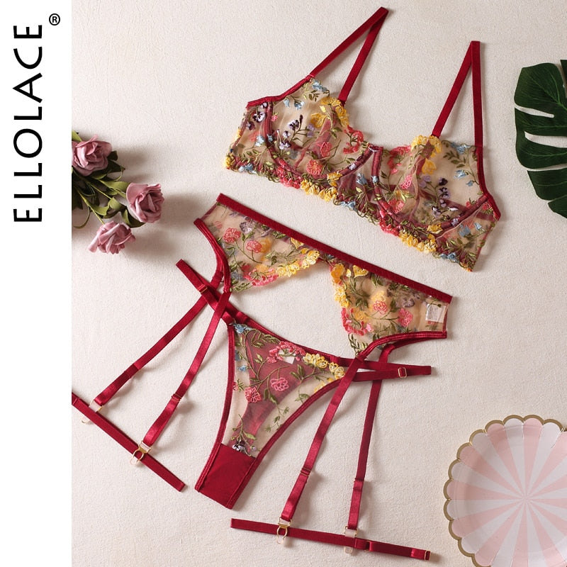 Ellolace Dessous, sinnliche Spitzenunterwäsche, transparente Stickerei, 3-teilige Strumpfbänder