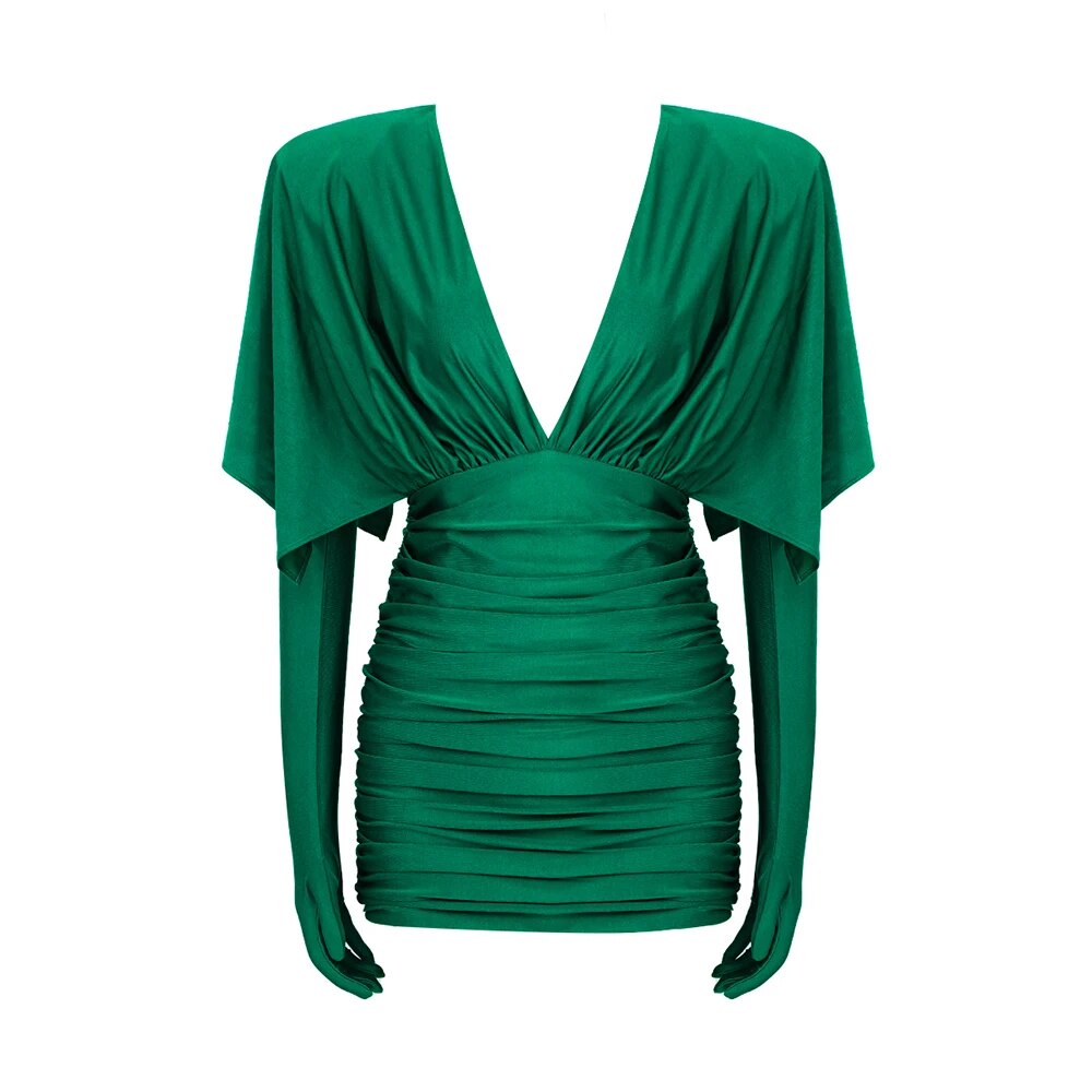 Fashion Streetwear Damenkleid für besondere Anlässe, sexy V-Ausschnitt, drapiertes Design, grünes, schlankes, dünnes Minikleid mit Handschuhen