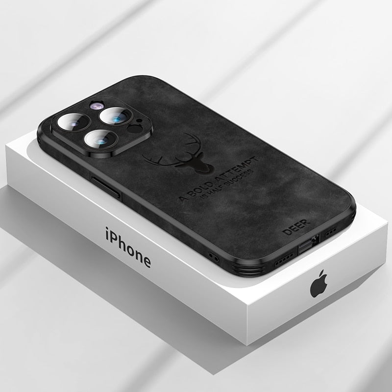 Luxus Hirsch Leder Telefon Fall Für iPhone 14, 13, 12 Pro Max Objektivglas Stoßfest Silikon Handy Abdeckung