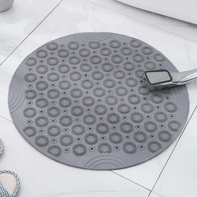 Badematte mit Antirutsch-Saugnäpfen, Runde PVC-Badematte mit Abflussloch & Fußmassagepad