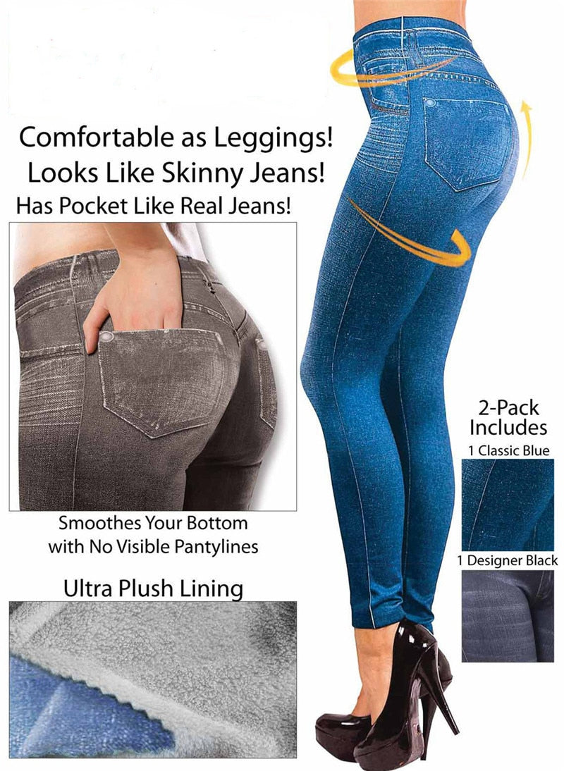 Push-Up Nahtlose Hohe Taille Warme Jeans Leggings für Herbst und Winter, Elastische Samt Jeggings Hosen