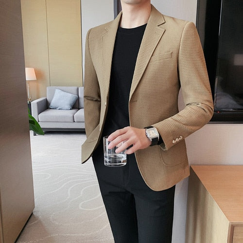 2023 Neuankömmling Herrenanzug Waffeljacke Blazer Wollmantel im Hahnentrittmuster für Herbst und Winter, Waffelkarierter Anzug