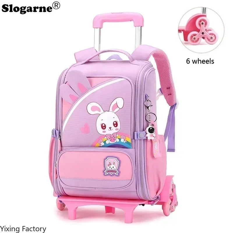 Children's Fashion Cartoon School Bags with 6 Wheels Trolley Backpack Teenagers Girls Rolling Backpack Students Kids Backpack