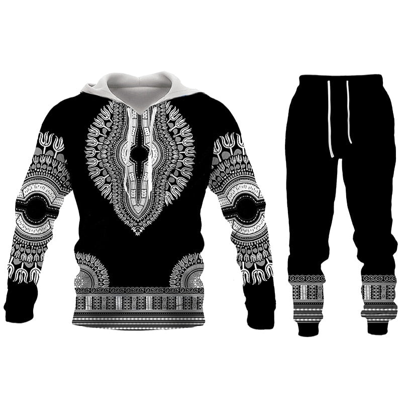 Herren 3D Druck Folk Hoodies Hosen, 2 Stück Sets Herren Freizeitanzug, Langarm Ethnischen Stil Afrikanische Kleidung