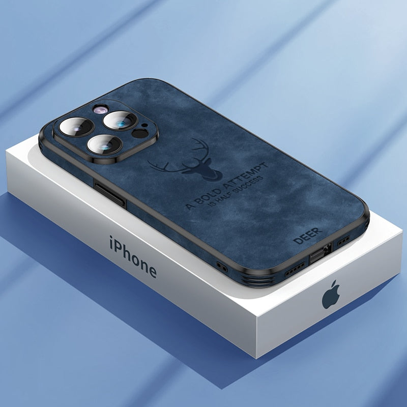 Luxus Hirsch Leder Telefon Fall Für iPhone 14, 13, 12 Pro Max Objektivglas Stoßfest Silikon Handy Abdeckung