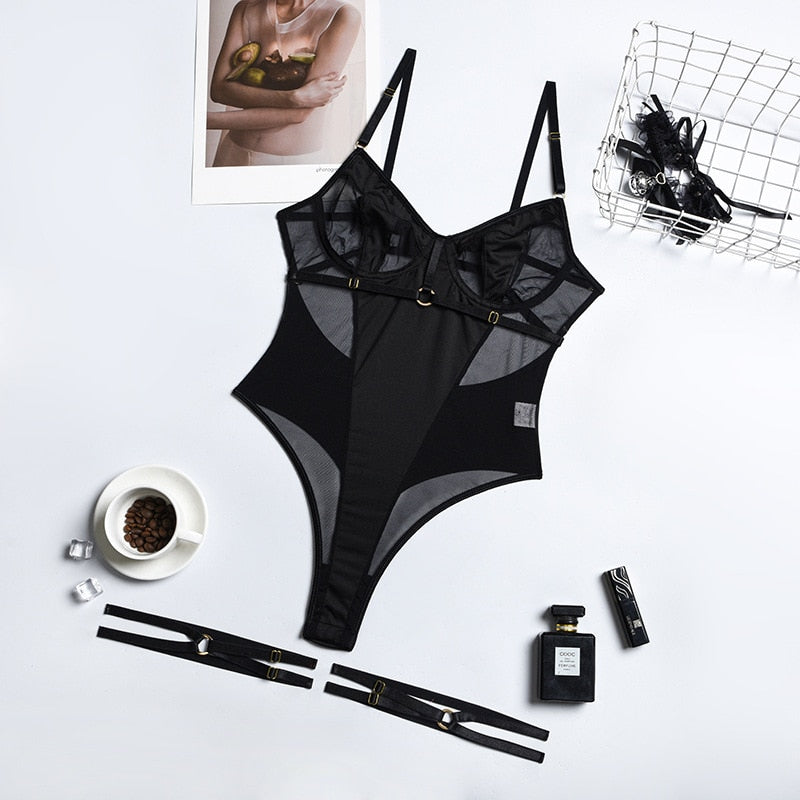 einteiliges Rückenfreies Bodysuit, Schwarz Mesh Patchwork Sexy Body Clubwear für Damen