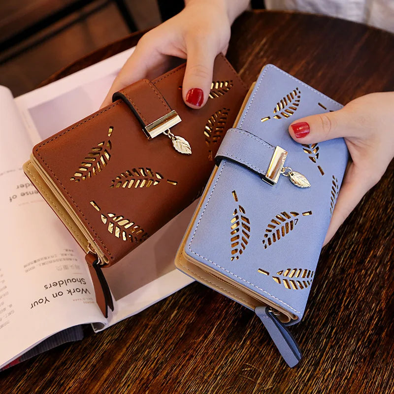 Ladies Fashion Wallet PU Leather Phone Purse Female Hollow Leaves Pouch Clutch Handbag For Women Coin Card Holders Long Wallets