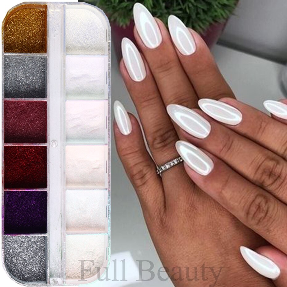 12 Gitter Perlweiß Chrom Nagel, Pigment UV Gel Nagellack