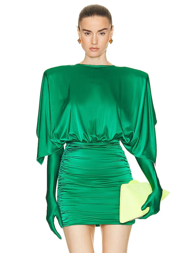 Fashion Streetwear Damenkleid für besondere Anlässe, sexy V-Ausschnitt, drapiertes Design, grünes, schlankes, dünnes Minikleid mit Handschuhen