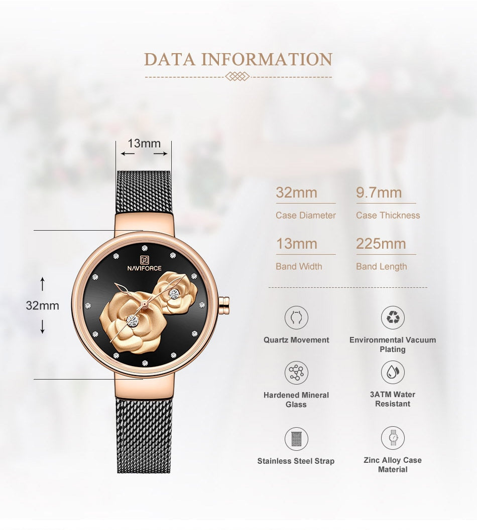Luxus Marke NAVIFORCE Damenuhr, Mode Kreative 3D Rose wasserdichte Business armbanduhren