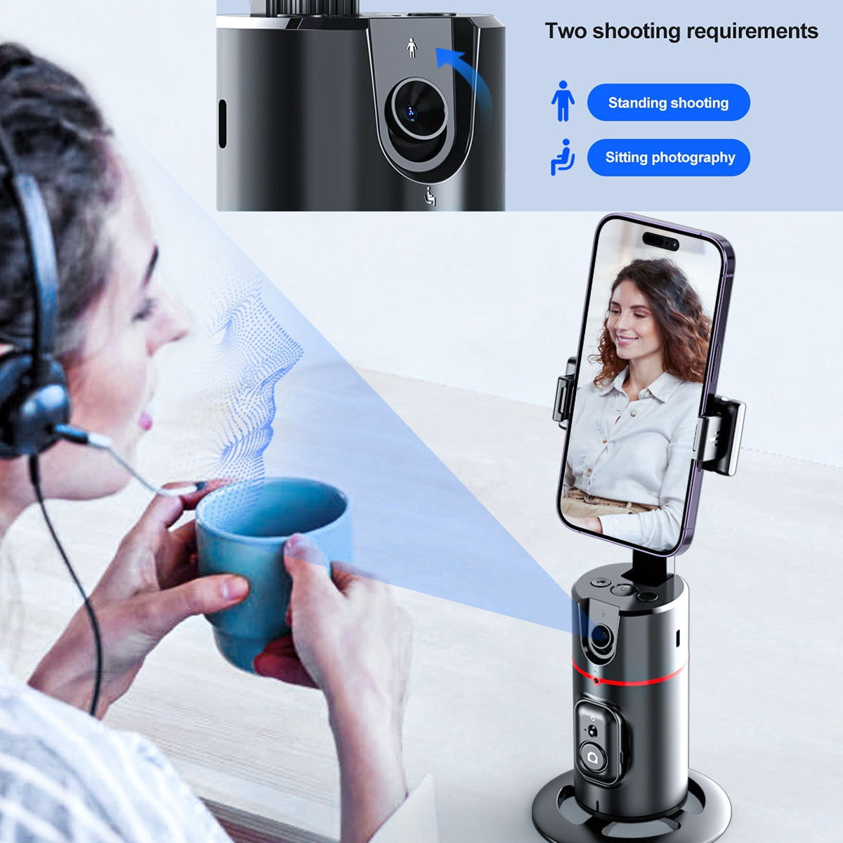 Selfie-Stick mit Stabilisator, automatische Gesichtsverfolgung, abnehmbarer Telefonclip, kabelloser Selfie-Stick