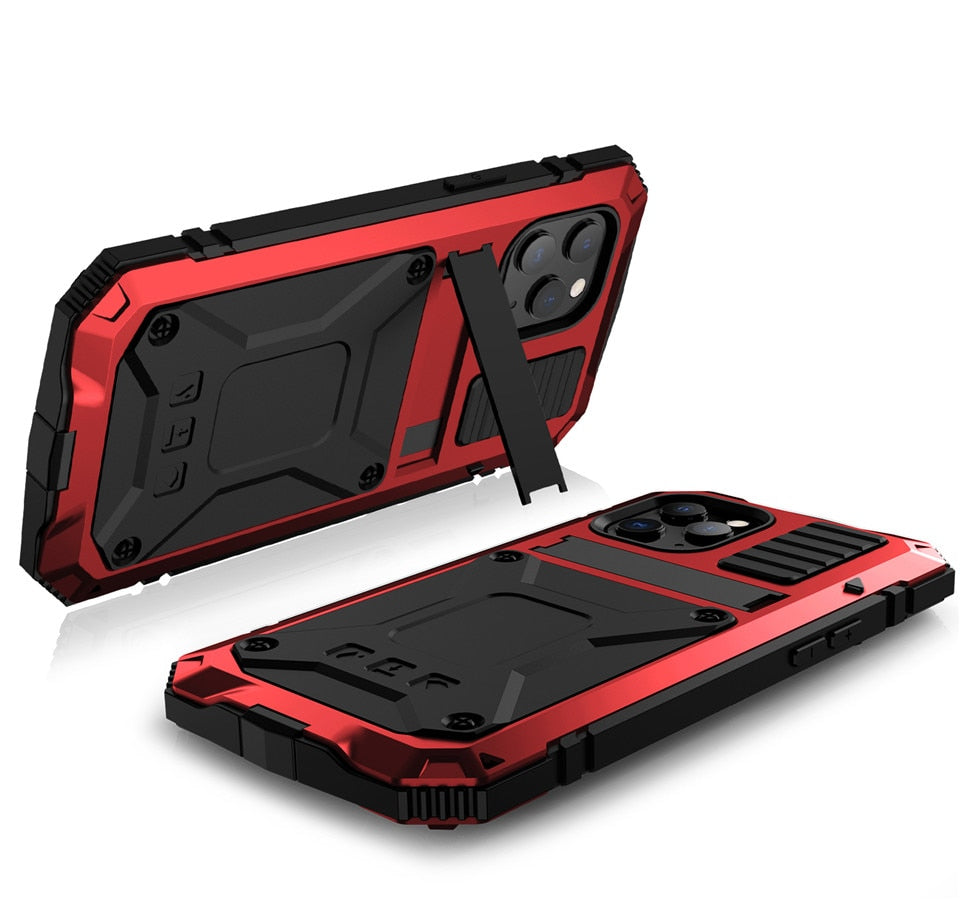 Ständer-Telefonhülle für iPhone 12 Pro Max, Mini XS, Max XR, staubdicht, stoßfest, gehärtetes Glas, Metallabdeckung für iPhone 11 Pro Max