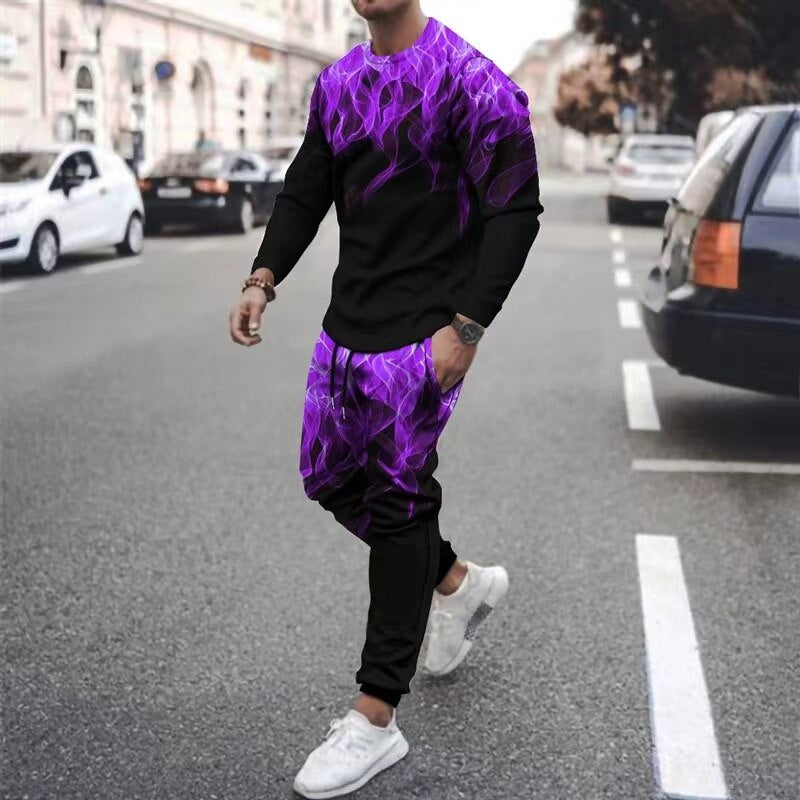 Herren langarm T-Shirt mit Flamme Muster, Sommertrend mit langer Hose
