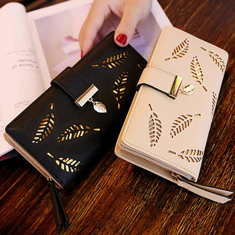 Ladies Fashion Wallet PU Leather Phone Purse Female Hollow Leaves Pouch Clutch Handbag For Women Coin Card Holders Long Wallets