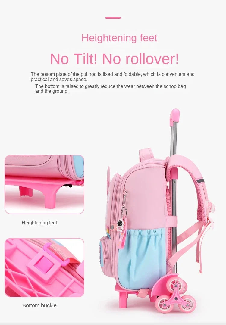 Children's Fashion Cartoon School Bags with 6 Wheels Trolley Backpack Teenagers Girls Rolling Backpack Students Kids Backpack