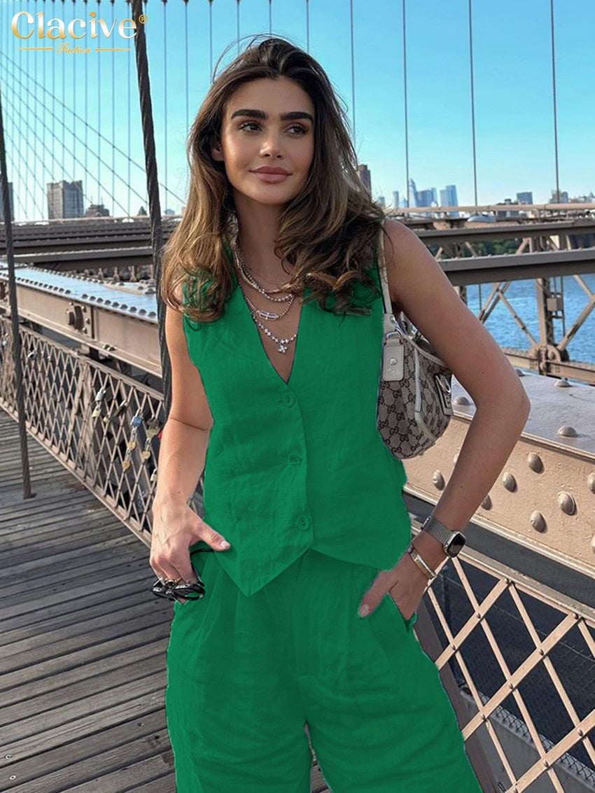 Zwei Stück Set Sommer Leinen für Frauen, 2023 Mode Ärmelloses Tank Top neu in Passenden Hohe Taille; Breite Hosen Set