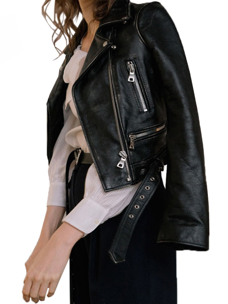 Zipper Grundlegende Lederjacke mit Umlegekragen, Motor Biker Jacke mit Gürtel
