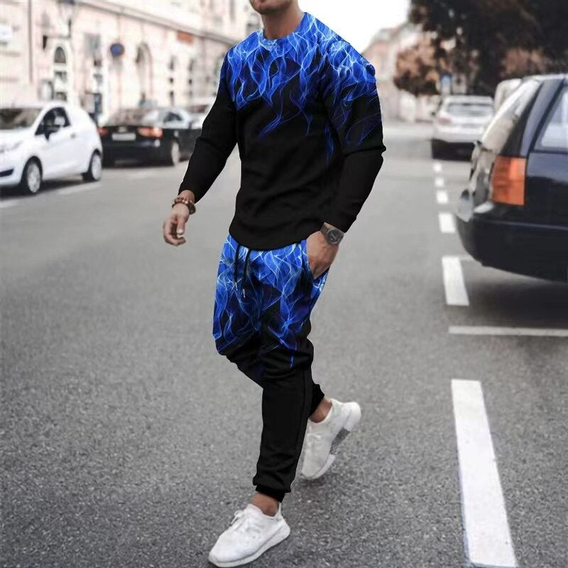 Herren langarm T-Shirt mit Flamme Muster, Sommertrend mit langer Hose