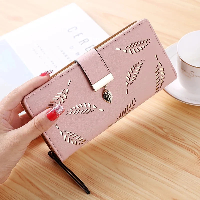 Ladies Fashion Wallet PU Leather Phone Purse Female Hollow Leaves Pouch Clutch Handbag For Women Coin Card Holders Long Wallets