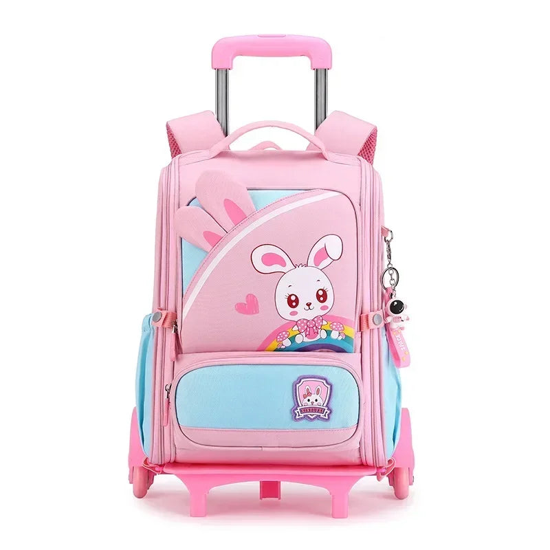 Children's Fashion Cartoon School Bags with 6 Wheels Trolley Backpack Teenagers Girls Rolling Backpack Students Kids Backpack
