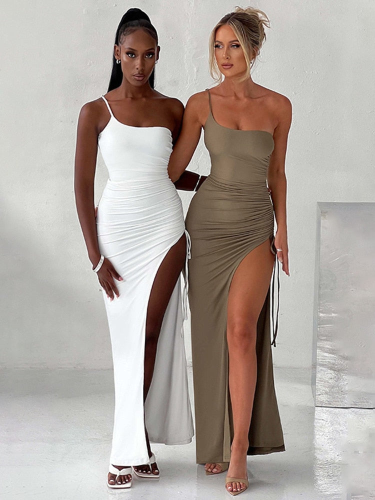 One-Shoulder-Riemen-Oberschenkel-hohes, geteiltes Maxikleid für Frauen, ärmellos, rückenfrei, figurbetont, sexy Club-Party, langes Kleid