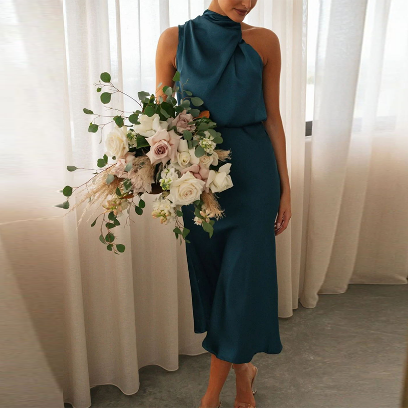 Elegante ärmelloses Sommerkleid Sexy Club, Solide Satin Partykleid