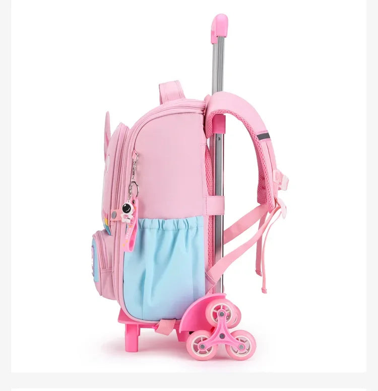 Children's Fashion Cartoon School Bags with 6 Wheels Trolley Backpack Teenagers Girls Rolling Backpack Students Kids Backpack