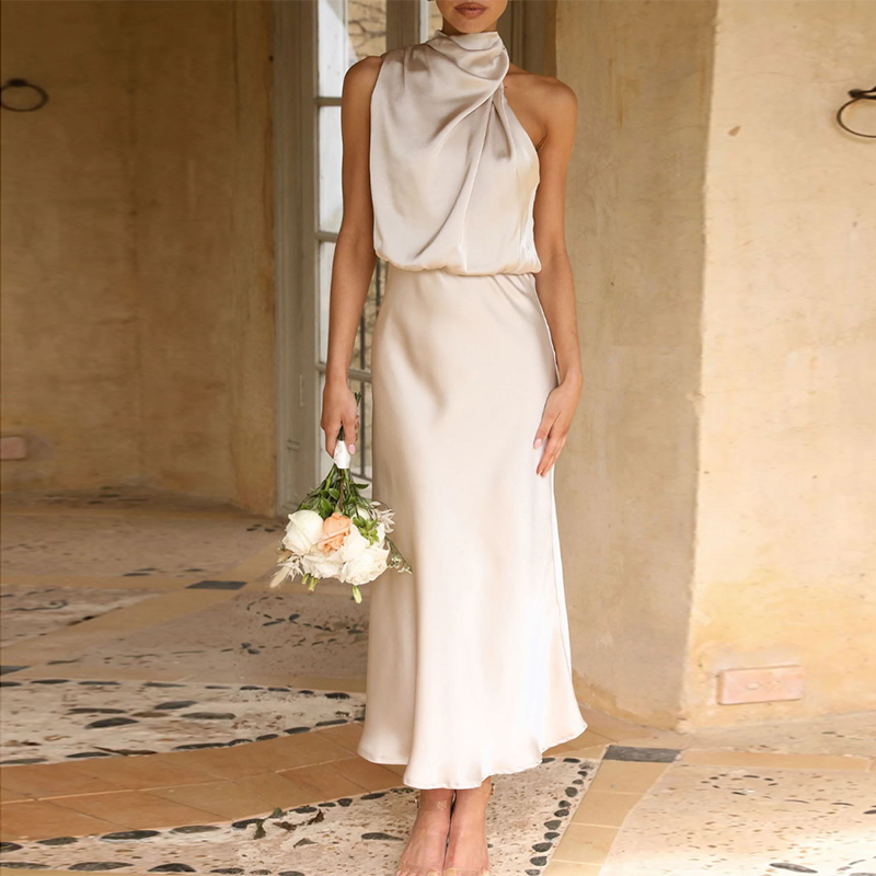 Elegante ärmelloses Sommerkleid Sexy Club, Solide Satin Partykleid