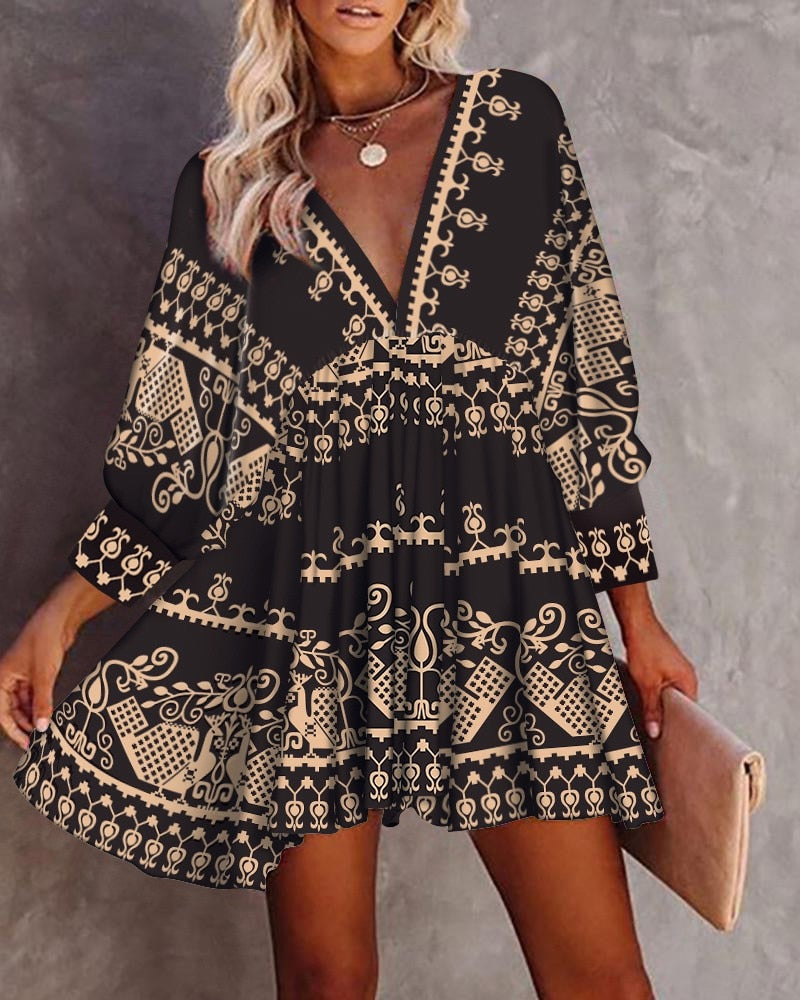 Tribal-Print-Sommerkleid mit V-Ausschnitt, Laternenärmel, Swing-Partykleid, hohe Taille