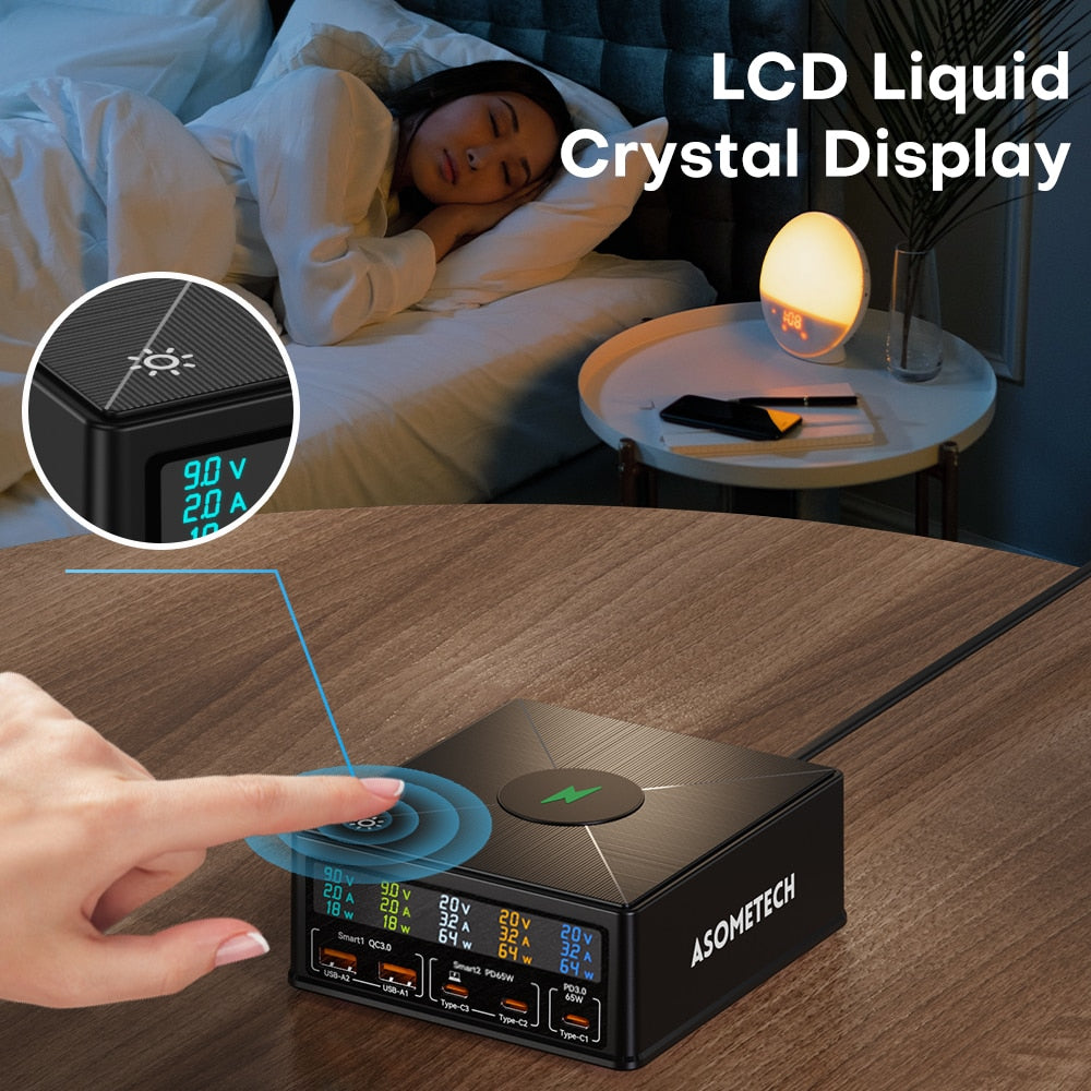 160W 5Port Ladestation USB-C PD65W QC3.0 Schnellladegerät mit separatem Display, 15W kabelloses Ladegerät für iPhone & Smartphone
