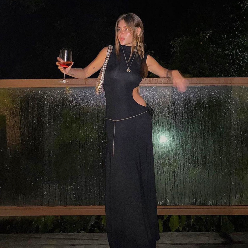 Damen Schwarz Aushöhlen langes Sommerkleid, Sexy Ärmel, Figurbetontes Maxi Abend Partykleid