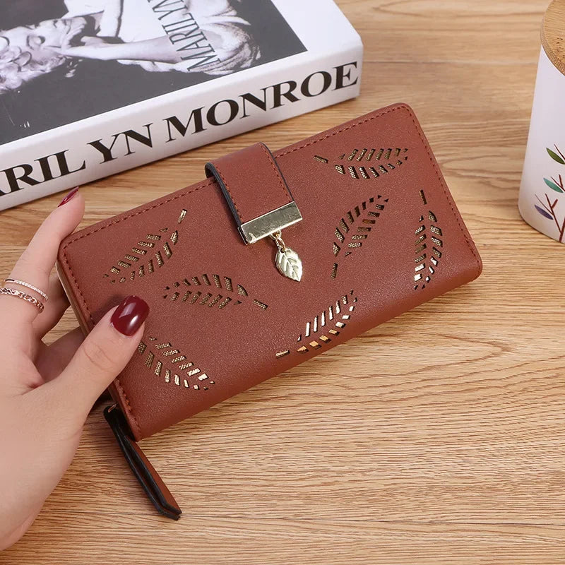 Ladies Fashion Wallet PU Leather Phone Purse Female Hollow Leaves Pouch Clutch Handbag For Women Coin Card Holders Long Wallets