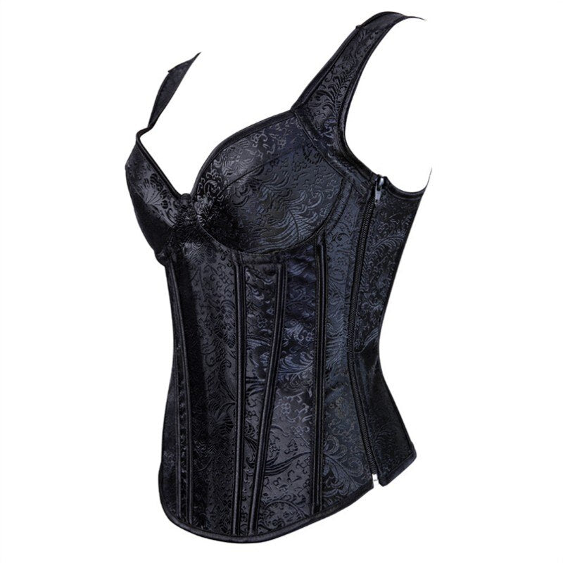 Große Größe Träger Vollbrustkorsett mit Cup-Reißverschluss, Sexy Jacquard Blumen-und Taillenkorsett