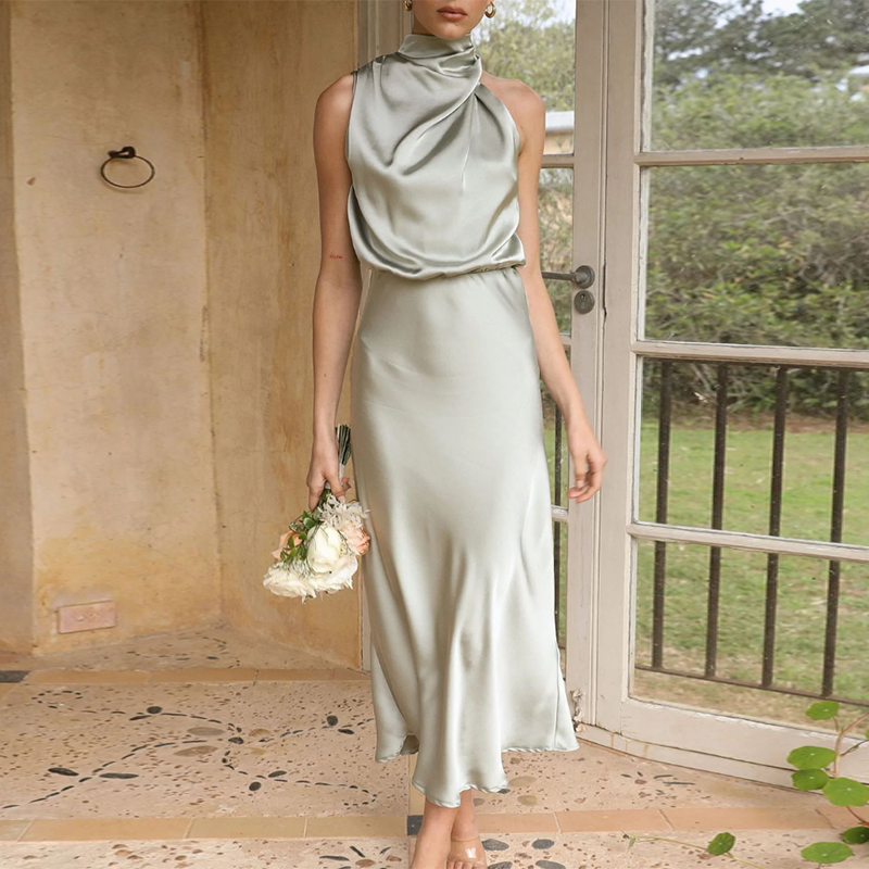 Elegante ärmelloses Sommerkleid Sexy Club, Solide Satin Partykleid
