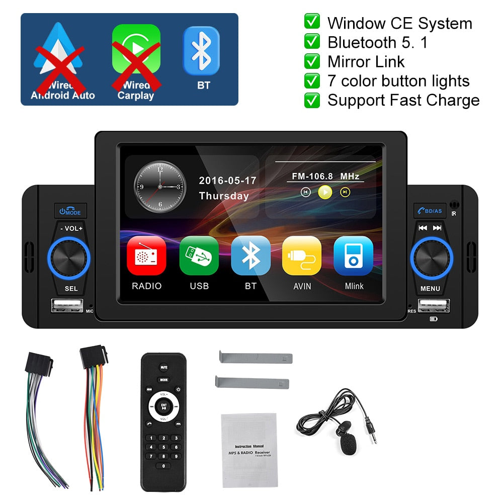 Podofo 5 zoll Auto Radio 1 Din CarPlay, Android Auto Multimedia Player Bluetooth MirrorLink, FM Empfänger für Volkswagen Nissan